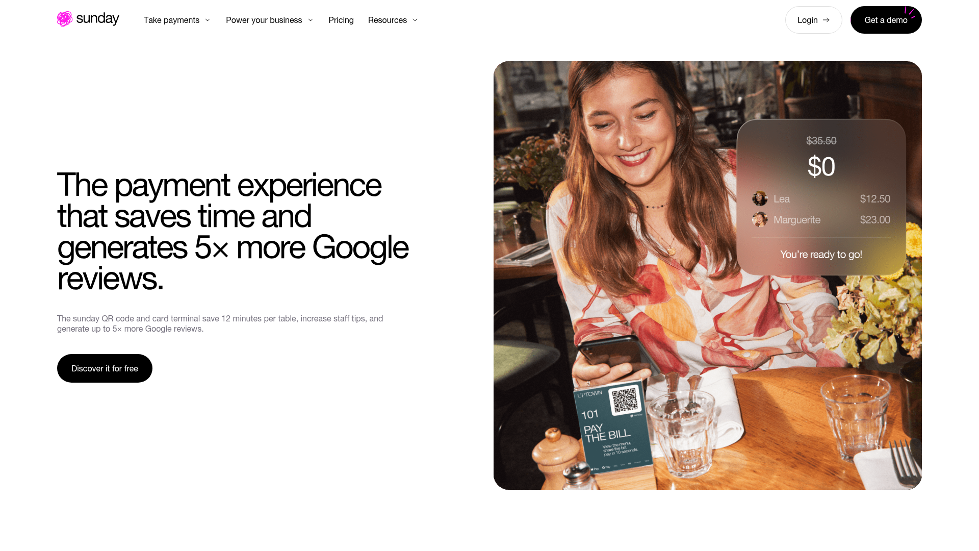 Sunday Restaurant Payment Tech Landing