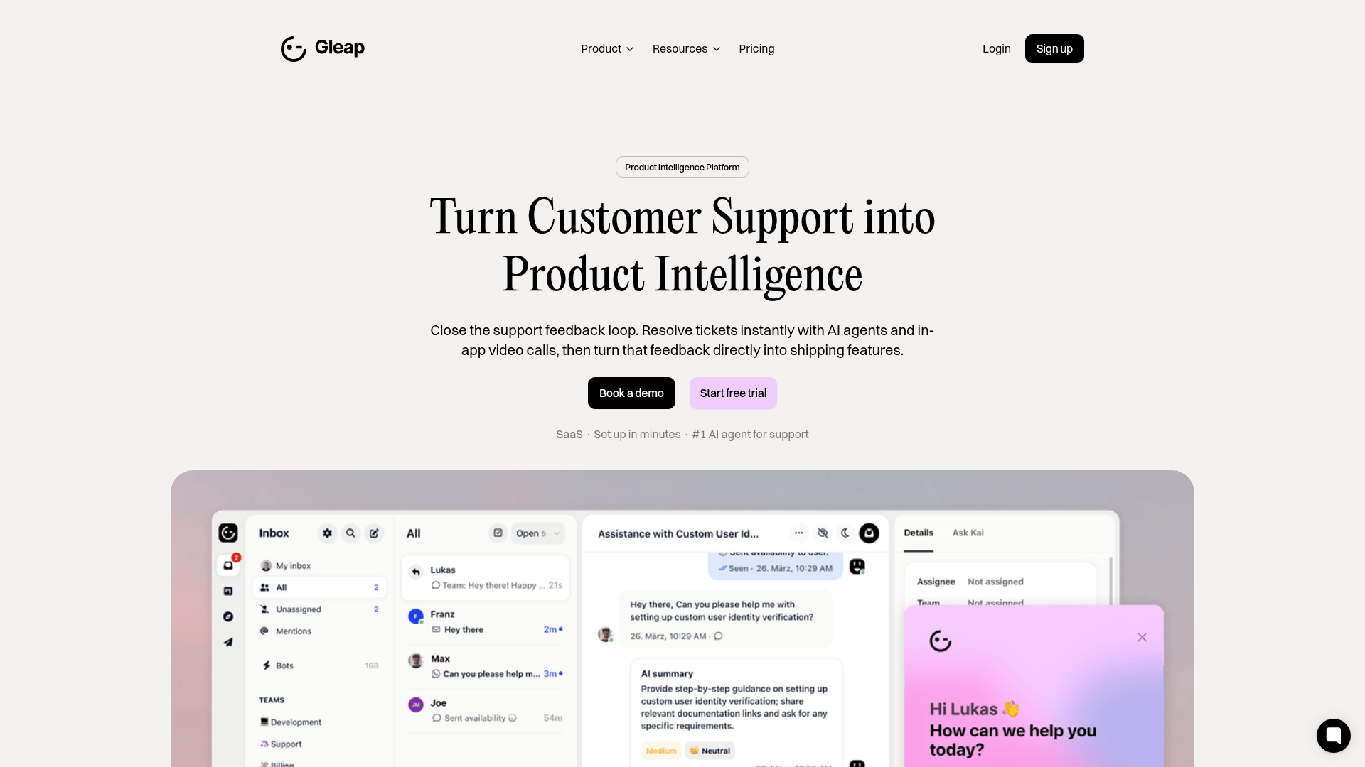 Gleap Product Intelligence Platform Landing