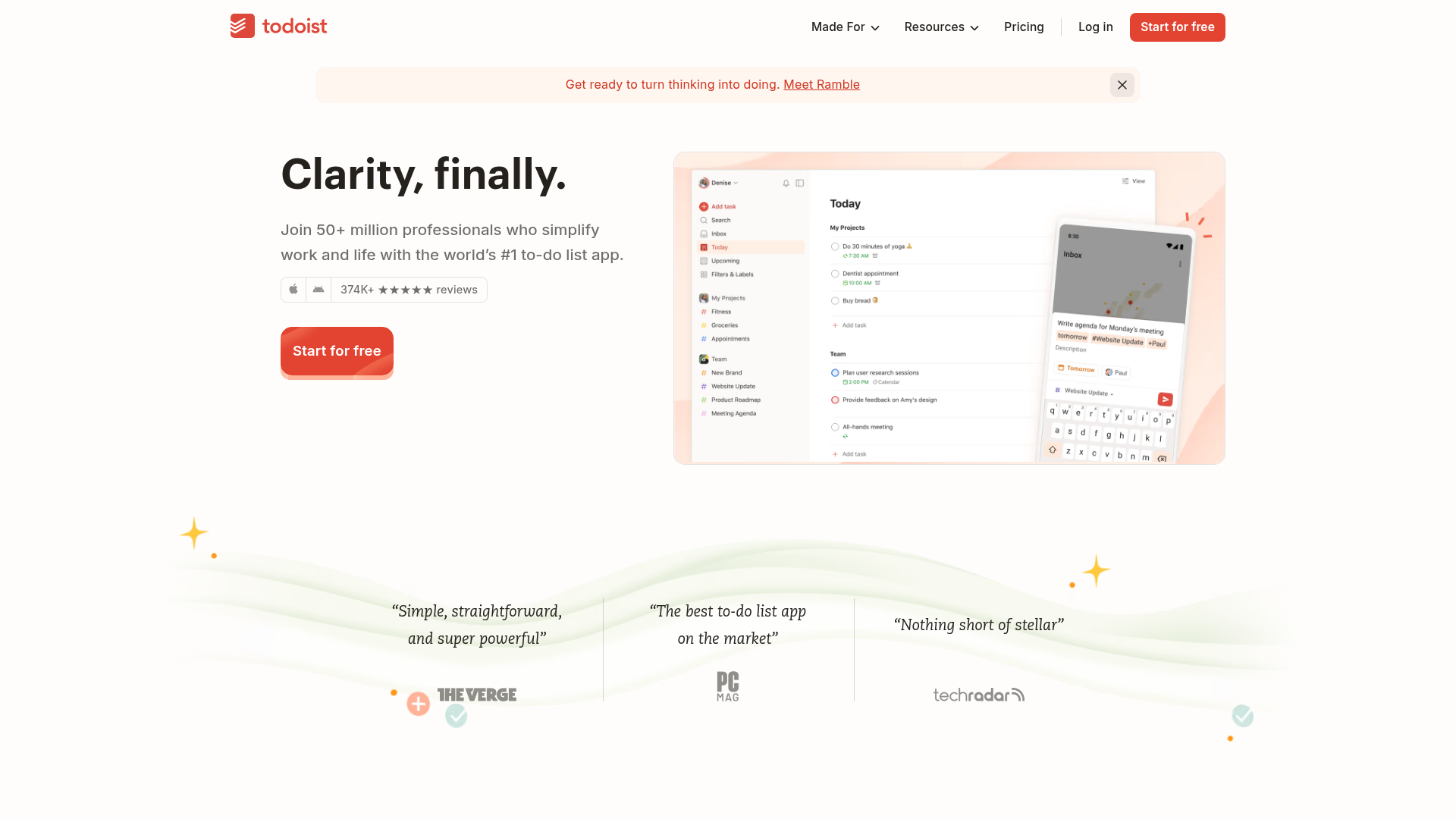Todoist Landing Page with Sticky Features