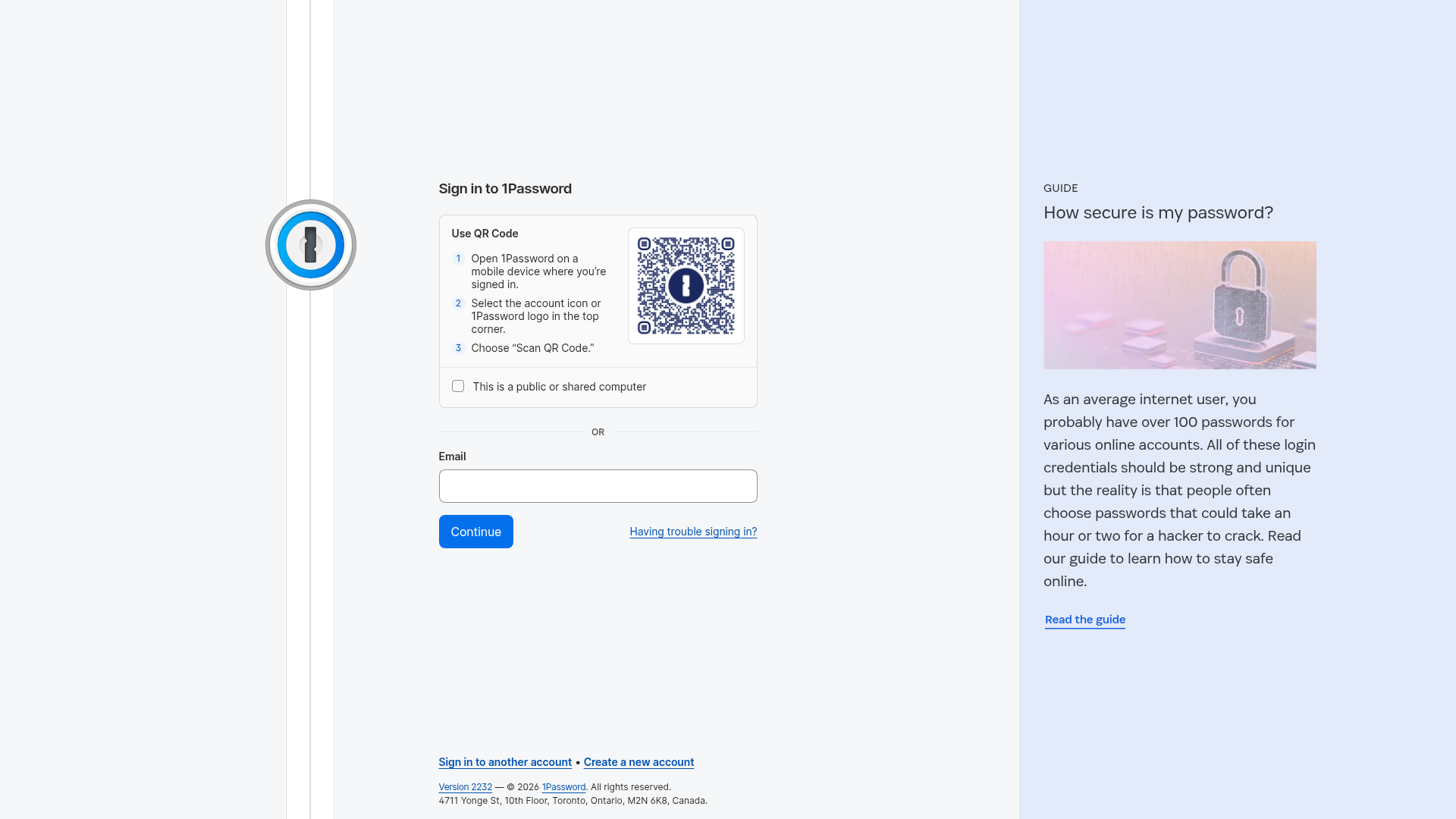 1Password Dual-Panel Sign-In Page