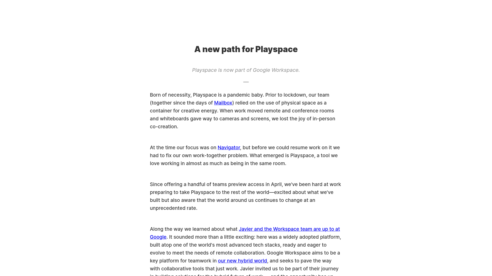 Playspace Acquisition Announcement Minimalist Layout