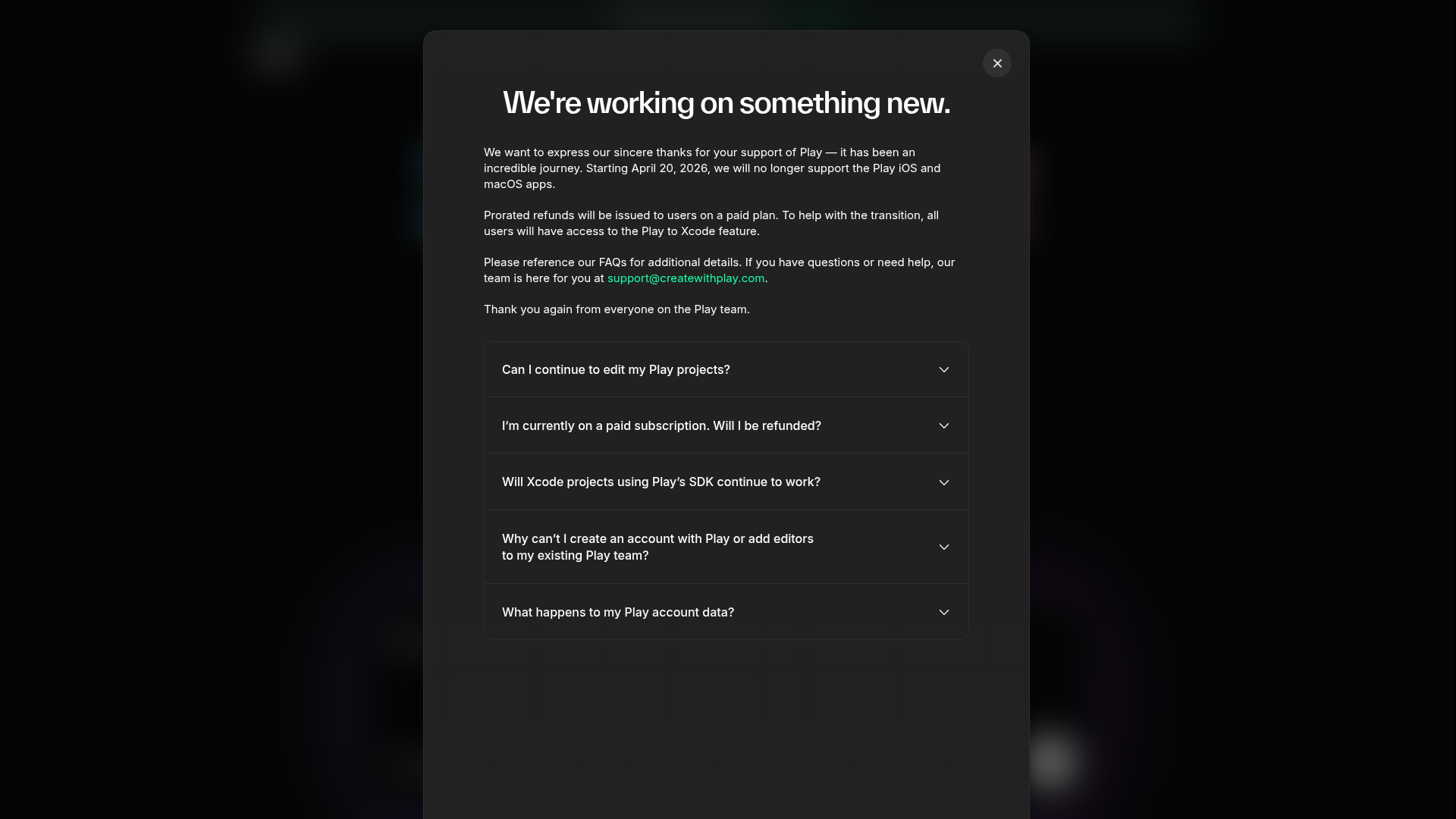 Create with Play FAQ Modal